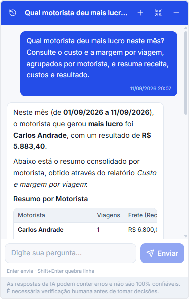 Conversa real com o assistente de IA do Gefrota consultando o resultado dos motoristas, com dados de demonstração.